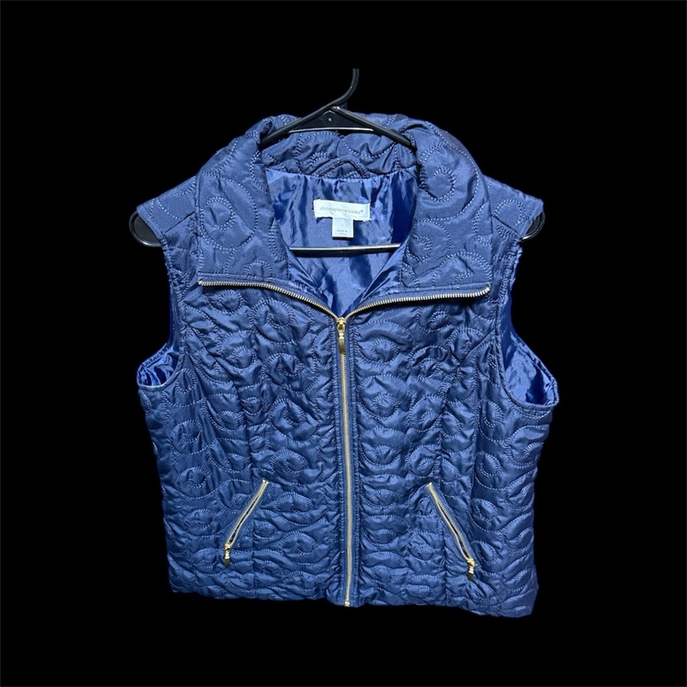 Christopher & Banks blue embroidered puffer with gold zippers large